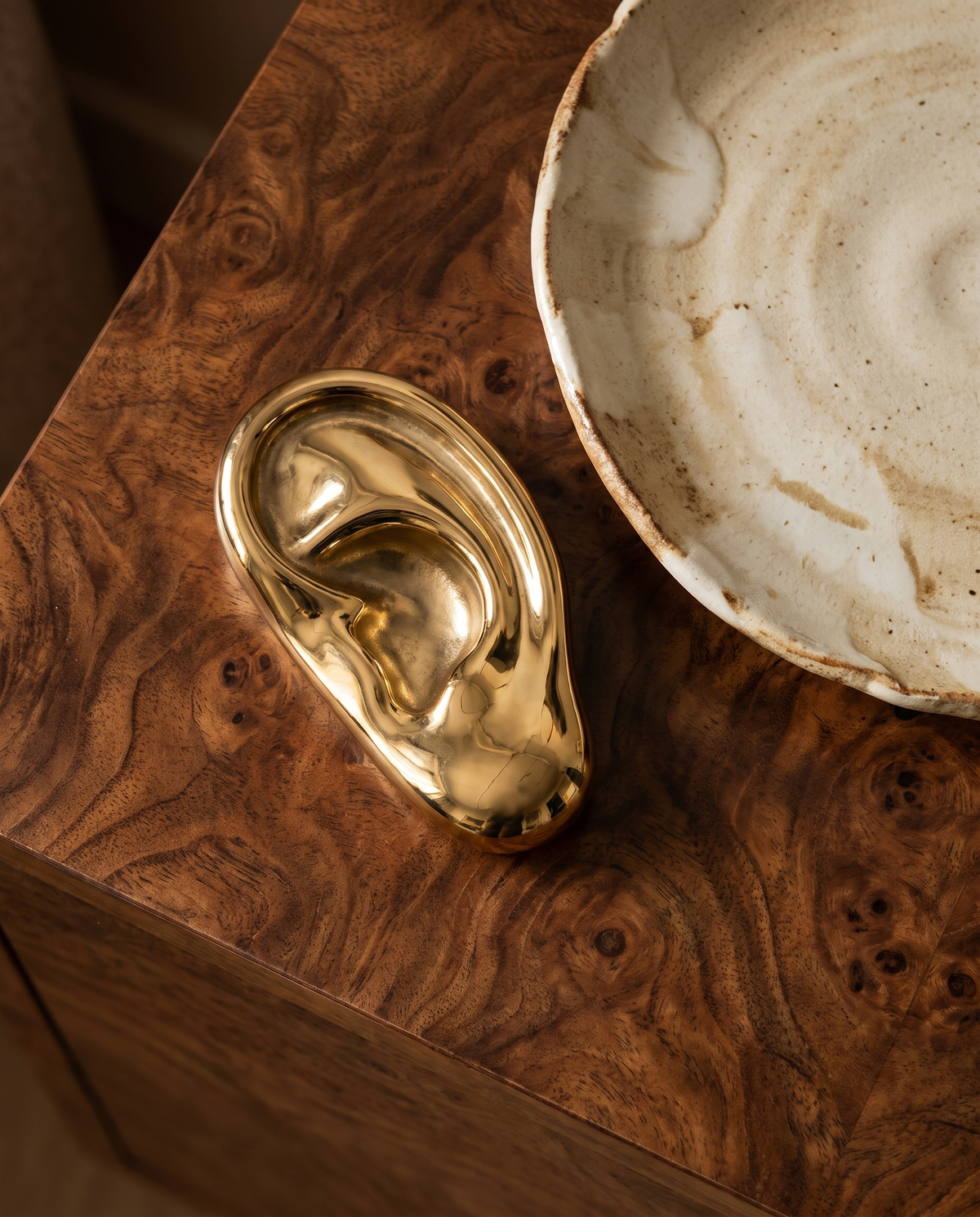 Vincent's Ear bottle opener in polished brass, detail view